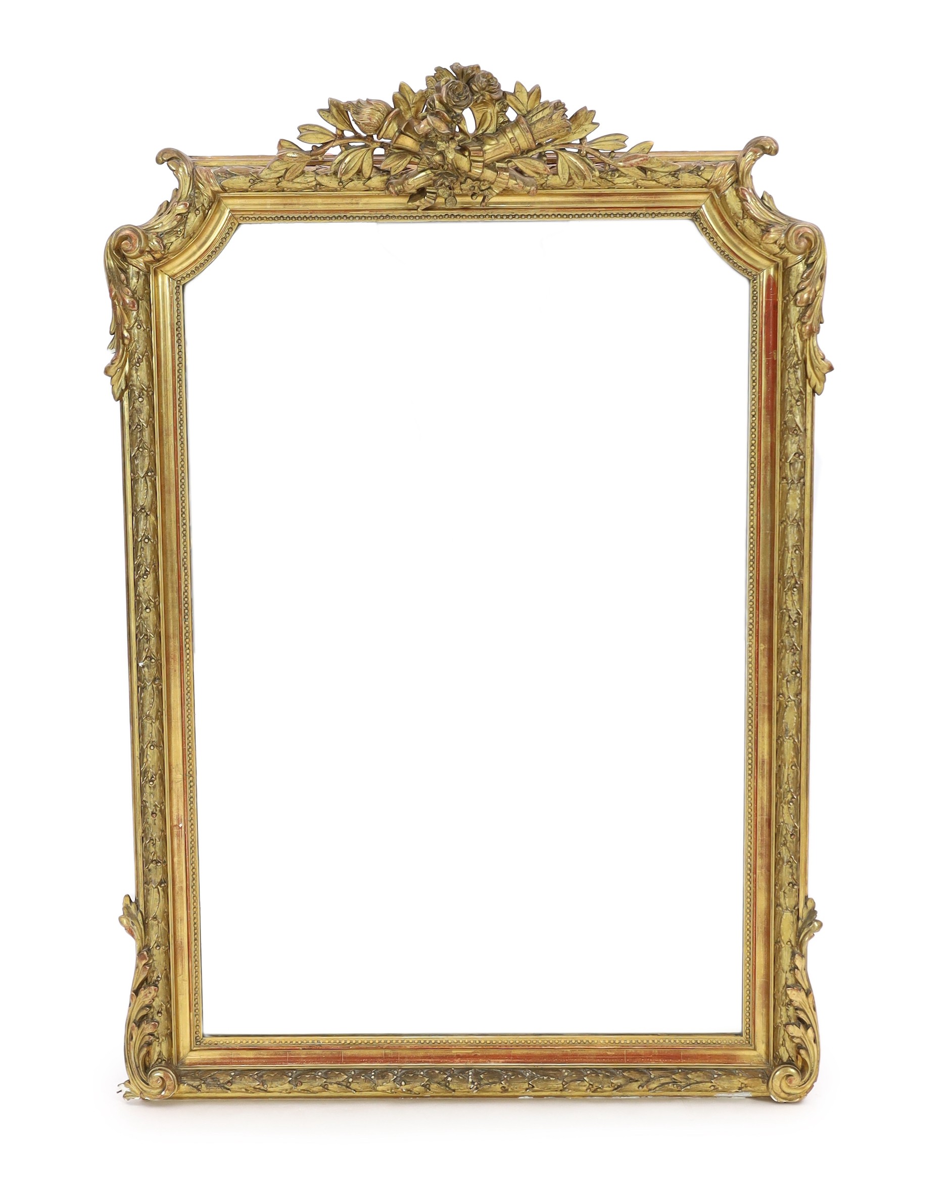 A late 19th century French giltwood and gesso overmantel mirror, width 105cm, height 149cm